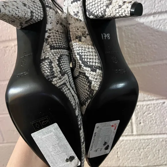 Longchamp Black and White Heeled Boots with Snakeskin Pattern
