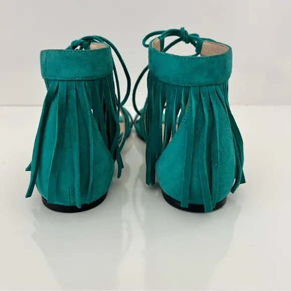 LONGCHAMP Suede Lace-Up Fringed Gladiator Sandal in Emerald Leather