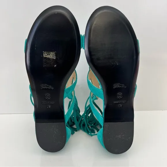 LONGCHAMP Suede Lace-Up Fringed Gladiator Sandal in Emerald Leather