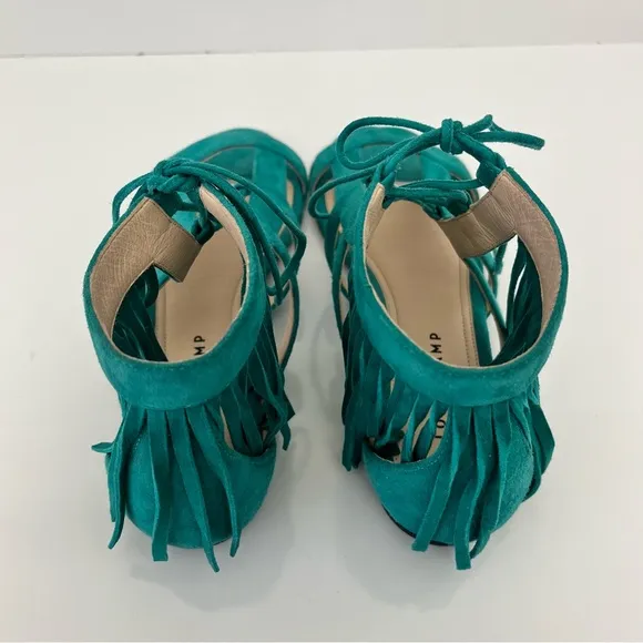 LONGCHAMP Suede Lace-Up Fringed Gladiator Sandal in Emerald Leather