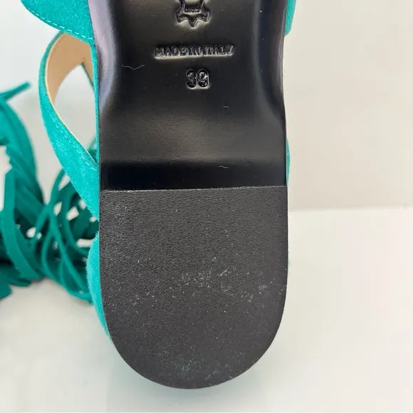 LONGCHAMP Suede Lace-Up Fringed Gladiator Sandal in Emerald Leather