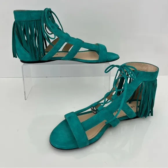 LONGCHAMP Suede Lace-Up Fringed Gladiator Sandal in Emerald Leather