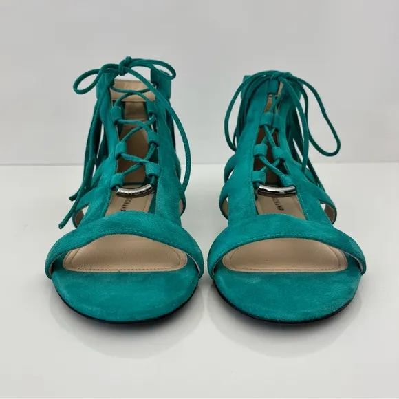 LONGCHAMP Suede Lace-Up Fringed Gladiator Sandal in Emerald Leather