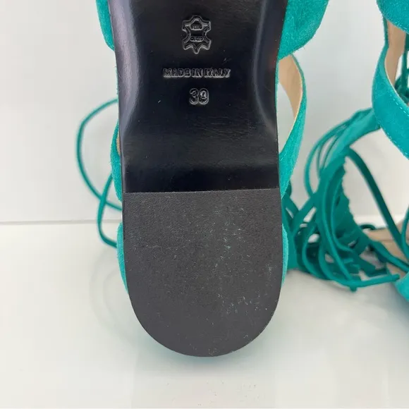 LONGCHAMP Suede Lace-Up Fringed Gladiator Sandal in Emerald Leather