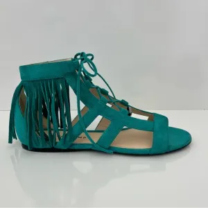 LONGCHAMP Suede Lace-Up Fringed Gladiator Sandal in Emerald Leather