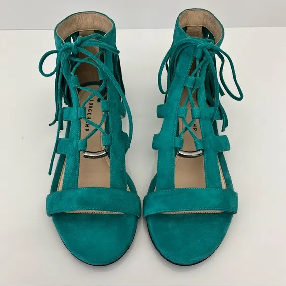 LONGCHAMP Suede Lace-Up Fringed Gladiator Sandal in Emerald Leather