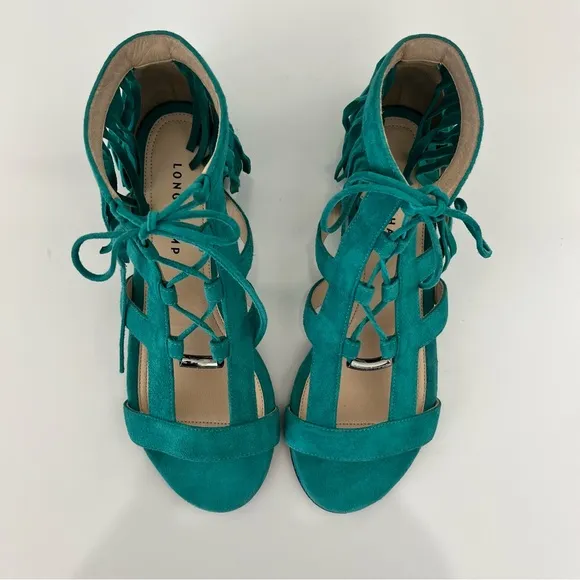 LONGCHAMP Suede Lace-Up Fringed Gladiator Sandal in Emerald Leather