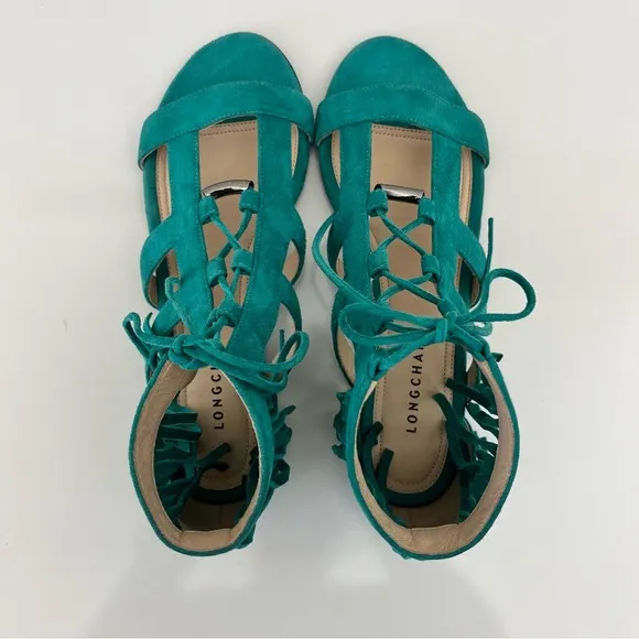 LONGCHAMP Suede Lace-Up Fringed Gladiator Sandal in Emerald Leather