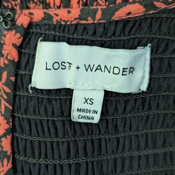 LOST &amp; Wander Anthropologie Stretch Dress Black Pomegranate Red Floral Ruched XS