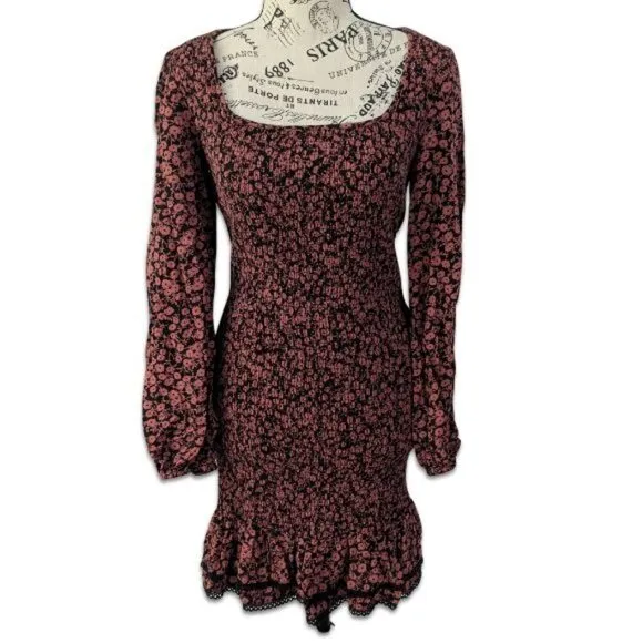 LOST &amp; Wander Anthropologie Stretch Dress Black Pomegranate Red Floral Ruched XS