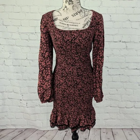 LOST &amp; Wander Anthropologie Stretch Dress Black Pomegranate Red Floral Ruched XS