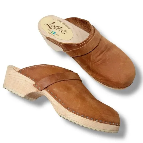 Lotta's From Stockholm Shoes Womens 39 Swedish Clogs Brown Leather Wooden Heel
