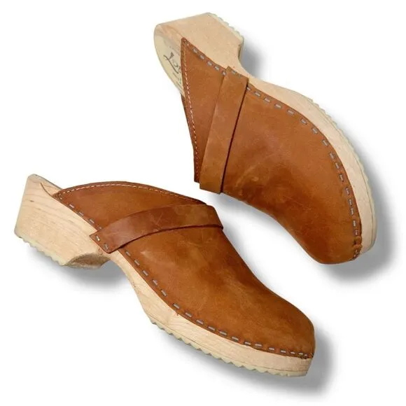 Lotta's From Stockholm Shoes Womens 39 Swedish Clogs Brown Leather Wooden Heel