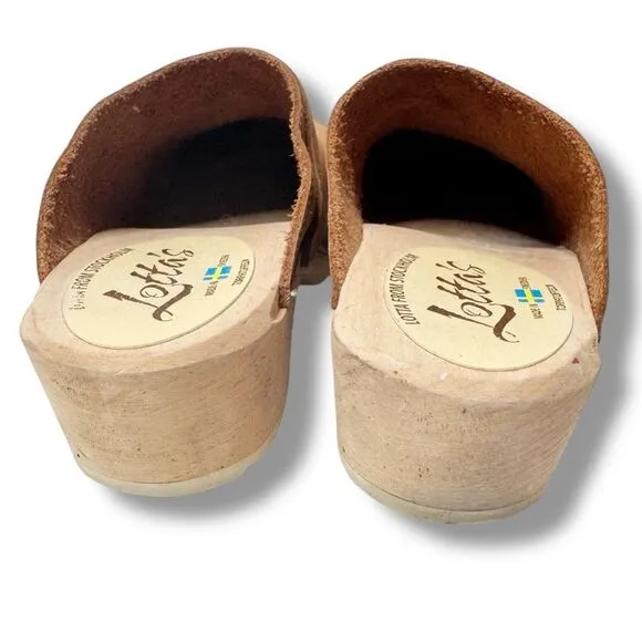 Lotta's From Stockholm Shoes Womens 39 Swedish Clogs Brown Leather Wooden Heel