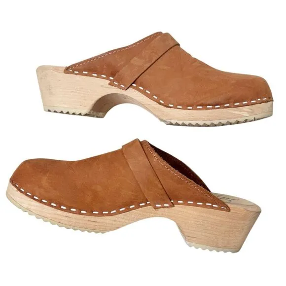 Lotta's From Stockholm Shoes Womens 39 Swedish Clogs Brown Leather Wooden Heel