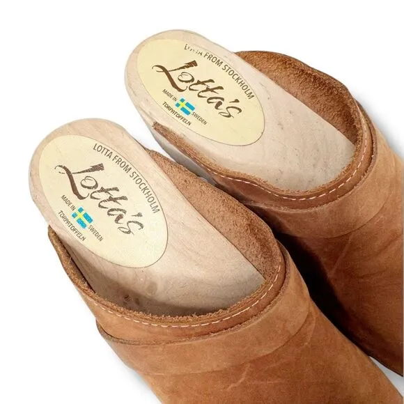 Lotta's From Stockholm Shoes Womens 39 Swedish Clogs Brown Leather Wooden Heel
