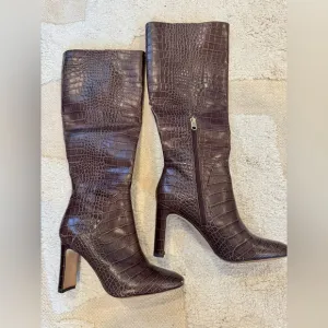 Louise et Cie Elegant Brown Croc-Embossed Knee-High Boots, Size 7M (37 1/2)
