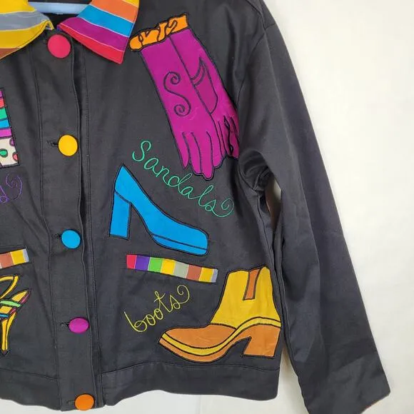 LRW Designs black 80s embroidered artsy shoes hand painted vintage jacket Size S