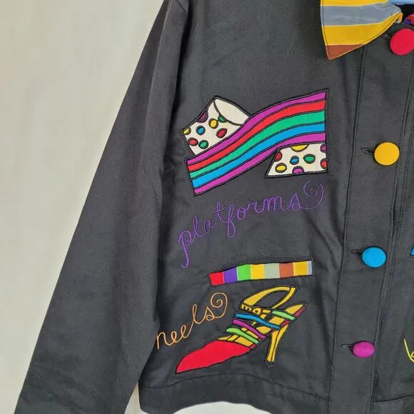 LRW Designs black 80s embroidered artsy shoes hand painted vintage jacket Size S
