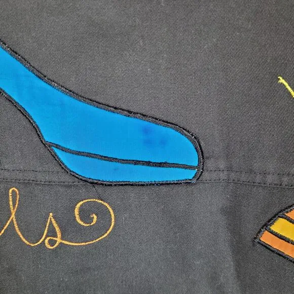 LRW Designs black 80s embroidered artsy shoes hand painted vintage jacket Size S