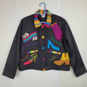 LRW Designs black 80s embroidered artsy shoes hand painted vintage jacket Size S