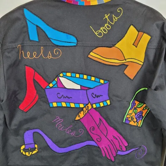 LRW Designs black 80s embroidered artsy shoes hand painted vintage jacket Size S