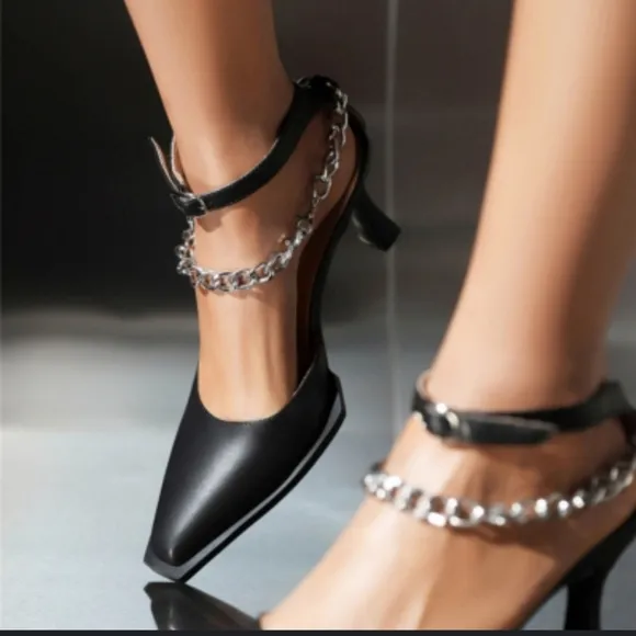 LUCCIA TACCI Handmade Chisel Toe Japanese Platform Chain Anklet Pumps Heels 6