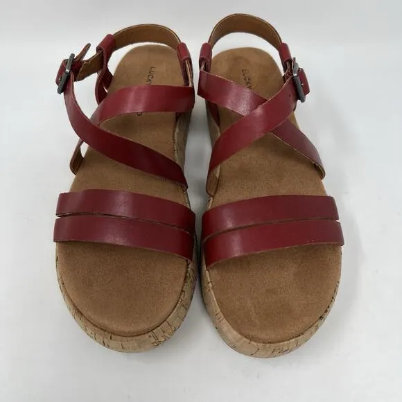 Lucky Brand Jacobean Strappy Cork Platform Red Leather Sandals Women’s Size 7.5