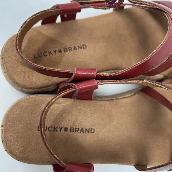 Lucky Brand Jacobean Strappy Cork Platform Red Leather Sandals Women’s Size 7.5