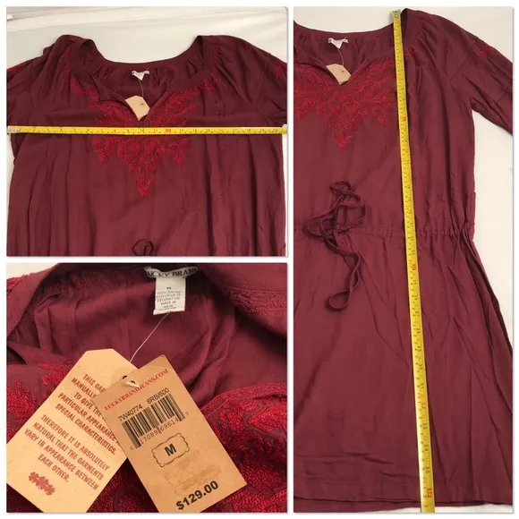 Lucky Brand Laszlo burgundy v-neck tie waist long sleeve dress