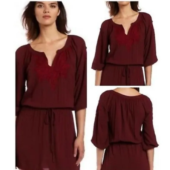 Lucky Brand Laszlo burgundy v-neck tie waist long sleeve dress