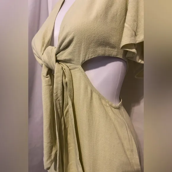 Lulus Sz S Tie Front Cutout Yellow Midi Summer Dress Pinup Retro Boho Chic