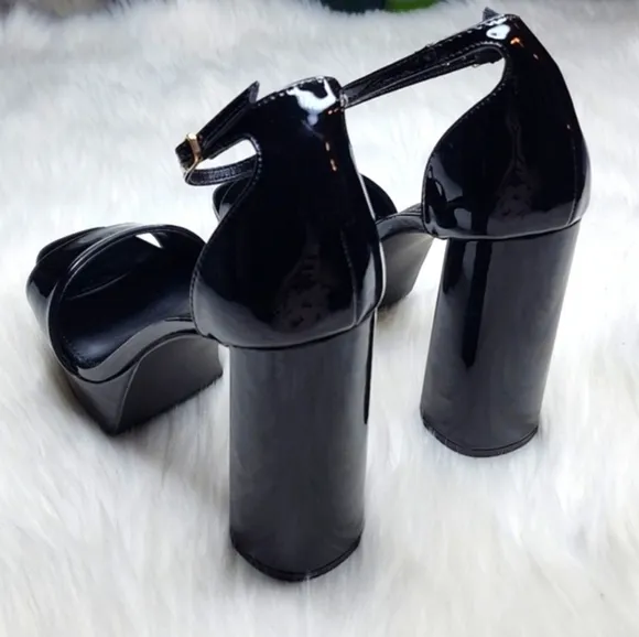 Madden Girl Omega Platform Ankle Strap Pump Black Patent Leather High Heels