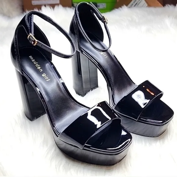 Madden Girl Omega Platform Ankle Strap Pump Black Patent Leather High Heels