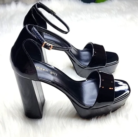Madden Girl Omega Platform Ankle Strap Pump Black Patent Leather High Heels
