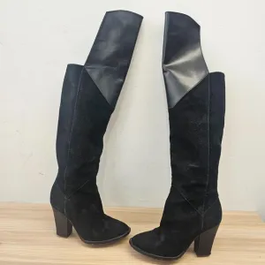 MAJE Edgy Over The Knee Boots Womens 6.5 Black Suede Leather Rock Chic Giuliana