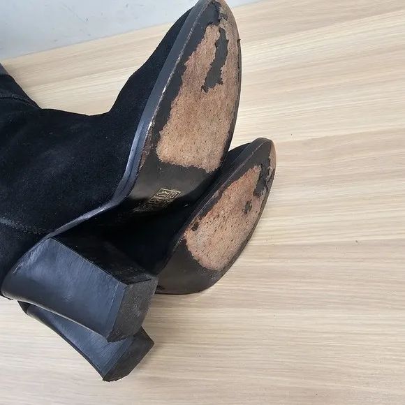 MAJE Edgy Over The Knee Boots Womens 6.5 Black Suede Leather Rock Chic Giuliana