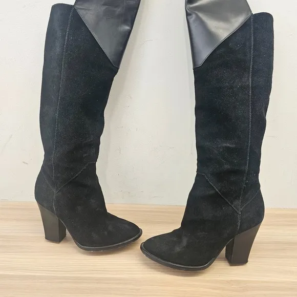 MAJE Edgy Over The Knee Boots Womens 6.5 Black Suede Leather Rock Chic Giuliana