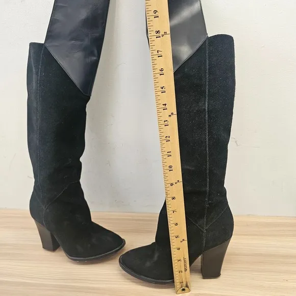 MAJE Edgy Over The Knee Boots Womens 6.5 Black Suede Leather Rock Chic Giuliana