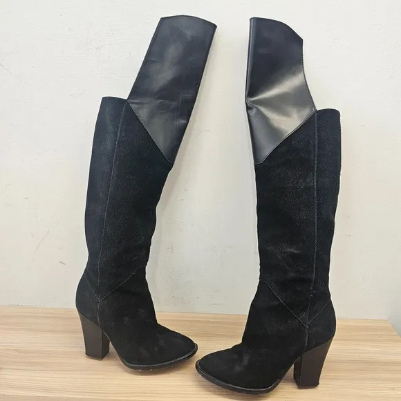 MAJE Edgy Over The Knee Boots Womens 6.5 Black Suede Leather Rock Chic Giuliana