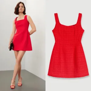 MAJE Ribala Tweed Square Neck Mini Dress in Red Size Large