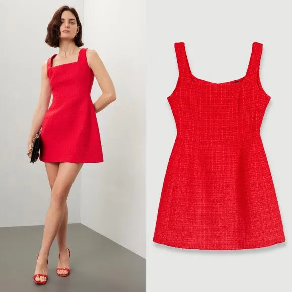 MAJE Ribala Tweed Square Neck Mini Dress in Red Size Large