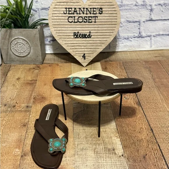 Manolo Blahnik Brown Leather Sandals Flats Turquoise Colored Bead Detail Size 40