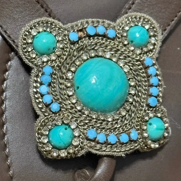 Manolo Blahnik Brown Leather Sandals Flats Turquoise Colored Bead Detail Size 40