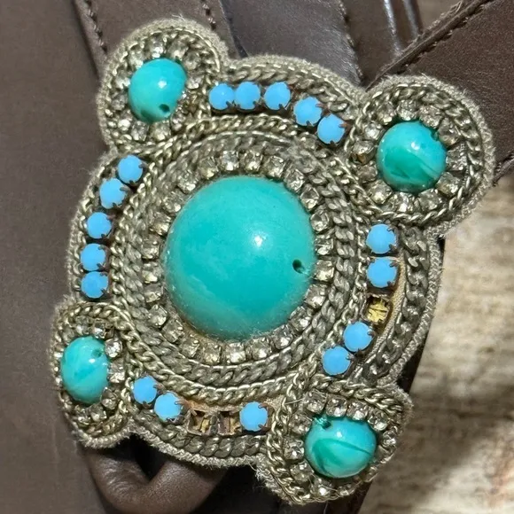 Manolo Blahnik Brown Leather Sandals Flats Turquoise Colored Bead Detail Size 40