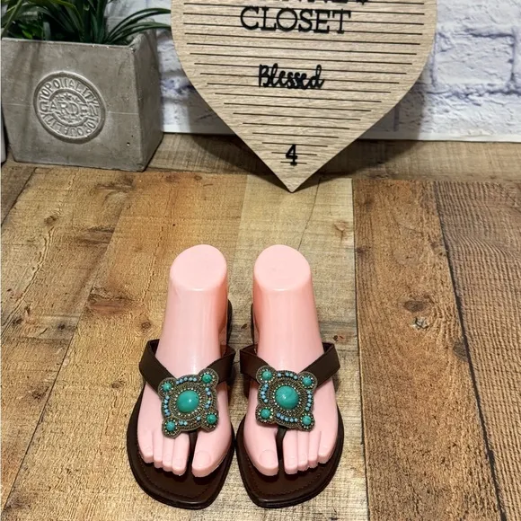 Manolo Blahnik Brown Leather Sandals Flats Turquoise Colored Bead Detail Size 40