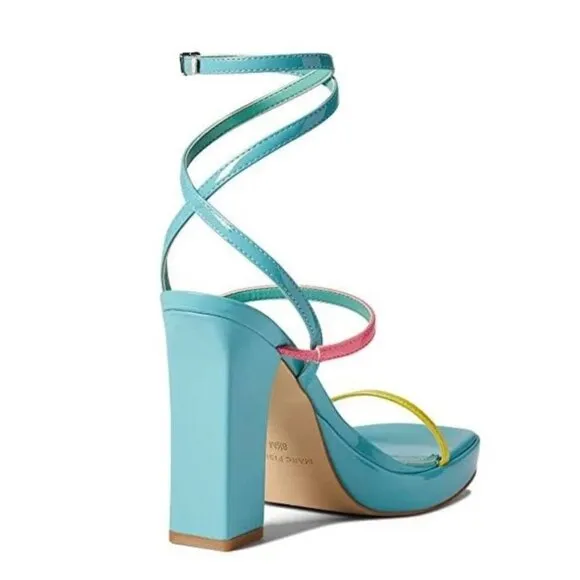 MARC FISHER ACRES Women's Platform Strappy Ankle Wrap Heeled Sandals Blue Multi