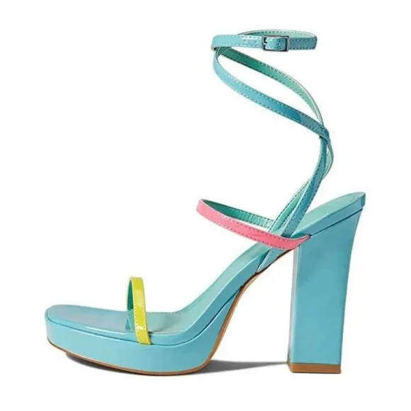 MARC FISHER ACRES Women's Platform Strappy Ankle Wrap Heeled Sandals Blue Multi