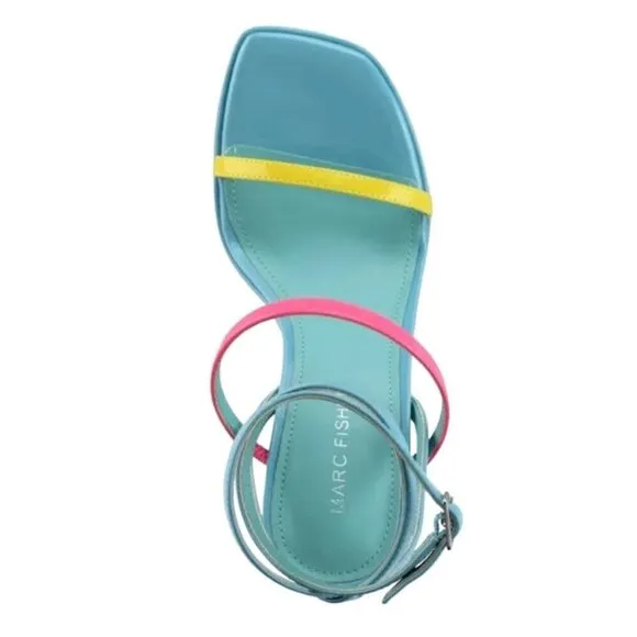 MARC FISHER ACRES Women's Platform Strappy Ankle Wrap Heeled Sandals Blue Multi
