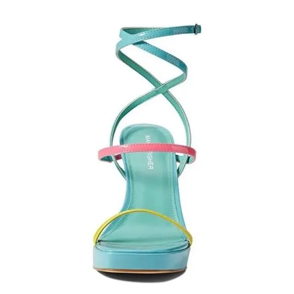 MARC FISHER ACRES Women's Platform Strappy Ankle Wrap Heeled Sandals Blue Multi